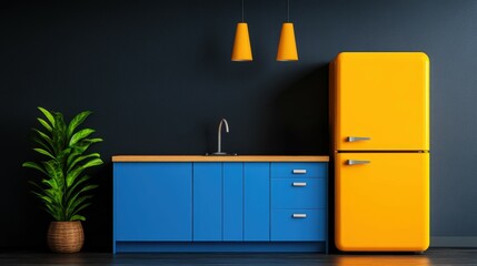 Modern kitchen with colorful cabinets and appliances, stylish decor, and plant accents.