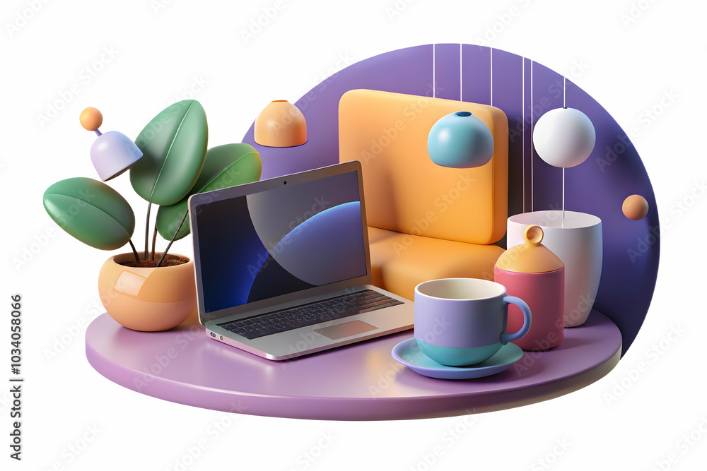 Poster cozy remote work setup: abstract bokeh lights with laptop and coffee cup creating a warm atmosphere 
