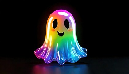 Obraz premium Rainbow ghost with a glossy effect, 3D render, vibrant and colorful, on a black background, minimalist design, with clear copy space.