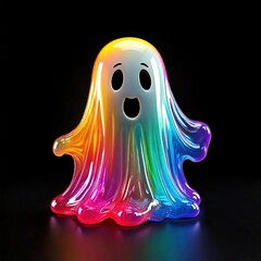 Naklejka premium Rainbow ghost with a glossy effect, 3D render, vibrant and colorful, on a black background, minimalist design, with clear copy space.