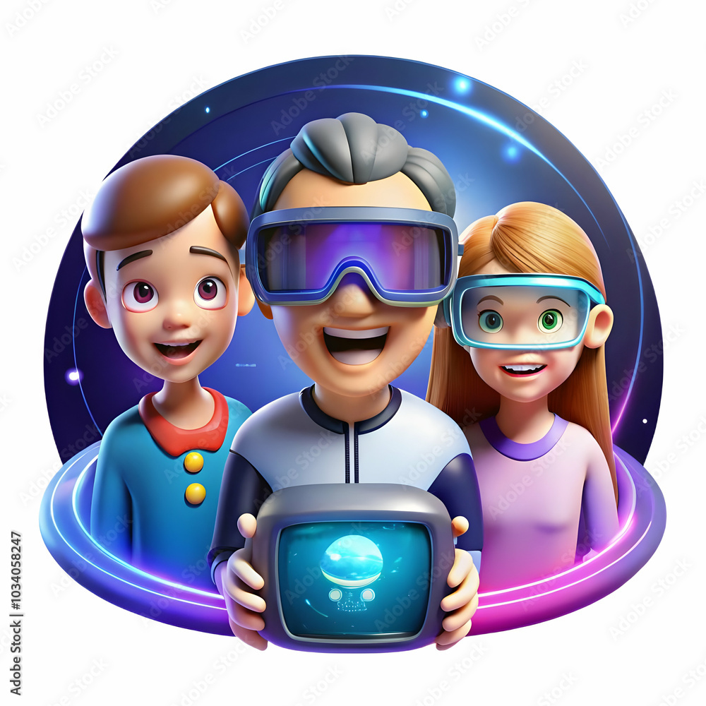 Poster close up of family enjoying a virtual reality game - macro shot of joyful interaction with futuristi