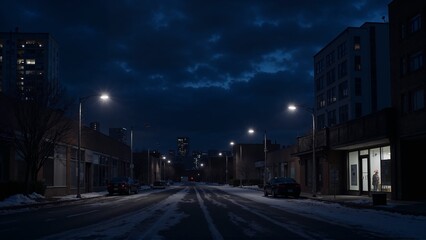 Obraz premium Photorealistic cityscape at midnight during the longest night with empty streets, soft streetlights, and a cold, quiet atmosphere