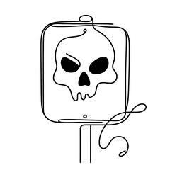 A skull is drawn on a sign. The skull has a menacing look and is surrounded by a rope