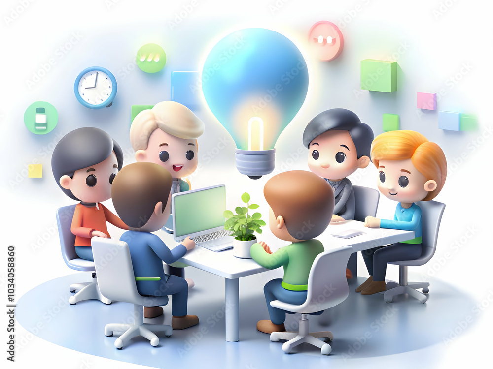 Poster inclusive team brainstorming in modern office environment: abstract bokeh digital art elements for p