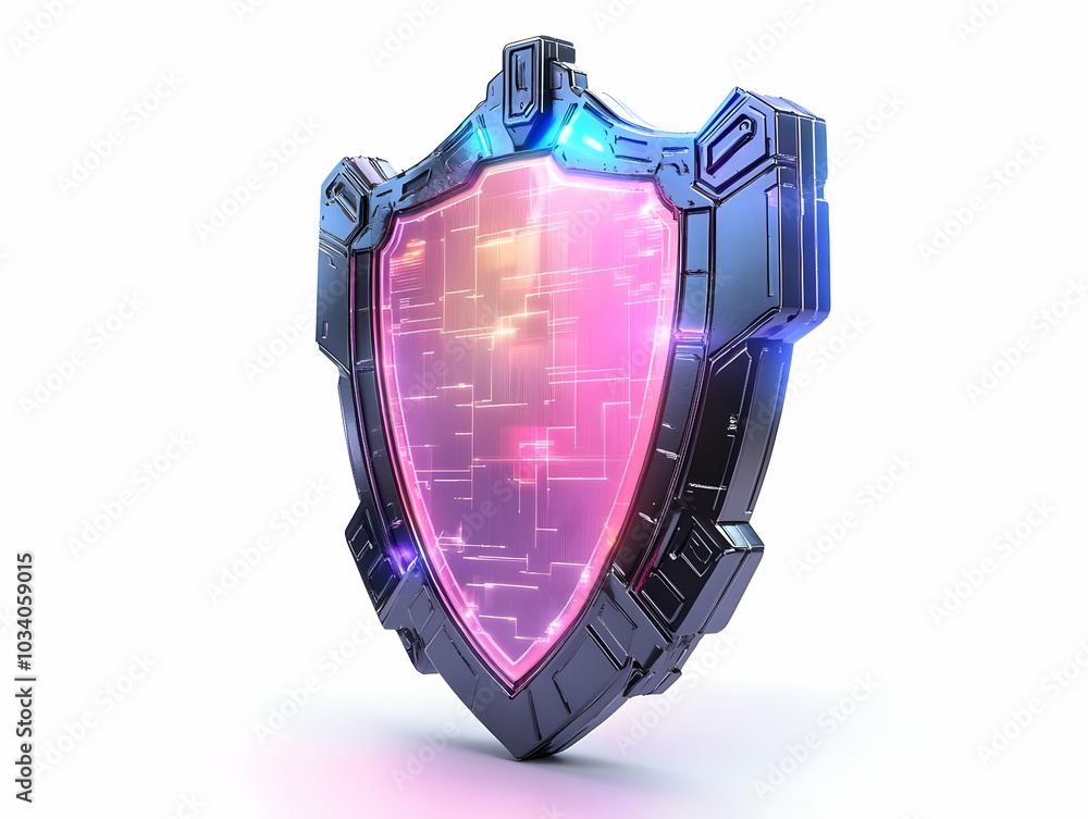 Poster flat holographic election security shield concept: glowing symbol of integrity with rotating feature