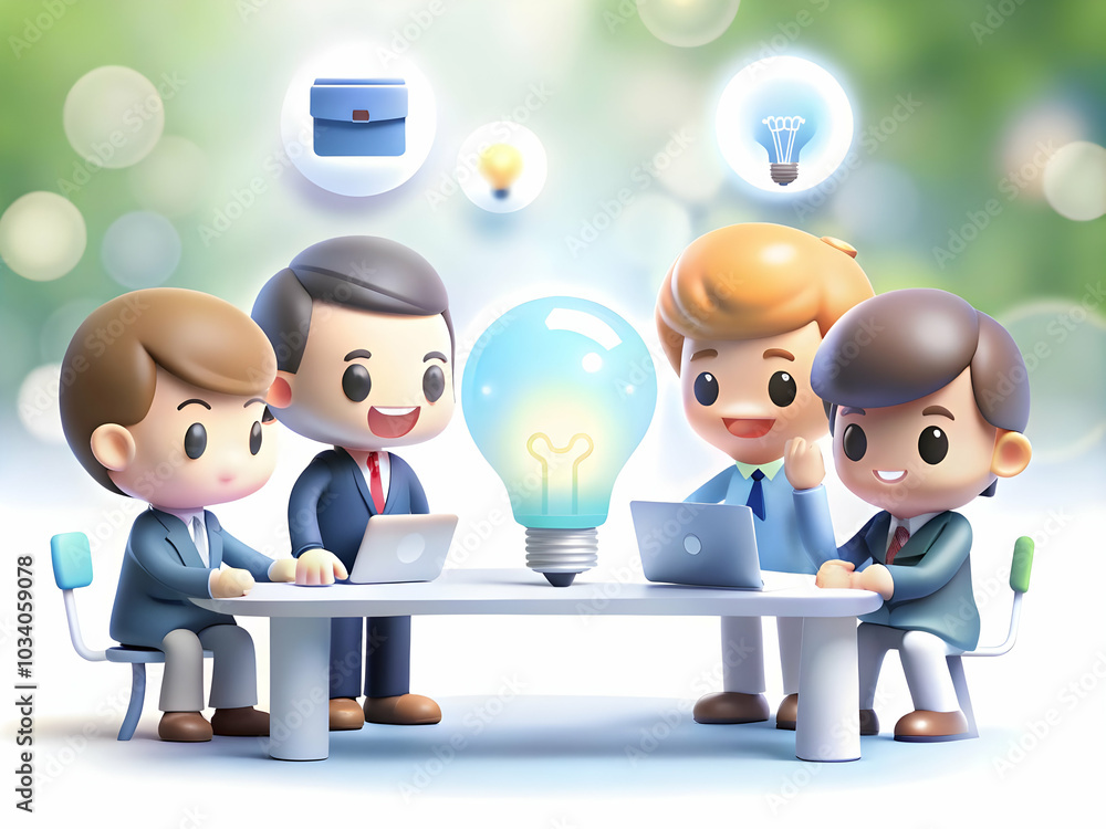 Poster collaborative team idea generation concept: diverse business professionals brainstorming with soft a