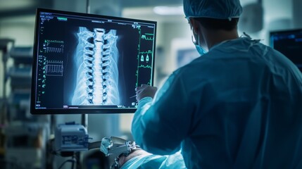 A surgeon wearing scrubs and a surgical cap leans over a computer monitor displaying an x-ray of a patient's spine
