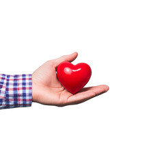 Fototapeta premium Hand holding a shiny red heart on a white background.