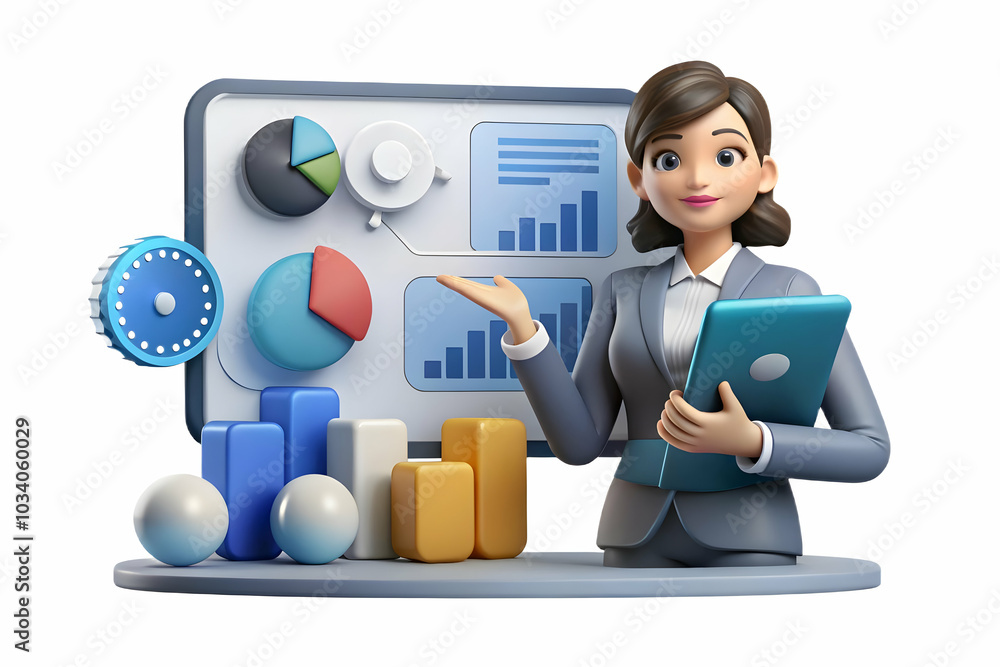 Poster professional businesswoman presenting ideas in soft abstract patterns with copy space for overlay te