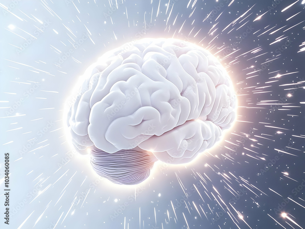 Poster flat levitating brain concept with light beams - close-up of a white brain hovering in space, highli