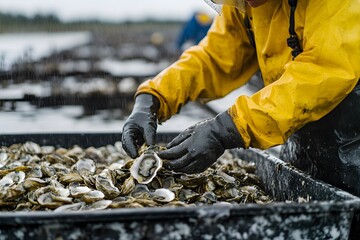 Obraz premium Worker in Yellow Rain Gear Sorting Fresh Oysters