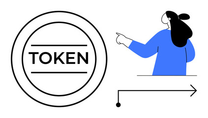 A person pointing towards a digital token symbol and an arrow. Ideal for cryptocurrency, digital transactions, blockchain technology, digital identity, virtual currencies. Modern flat style