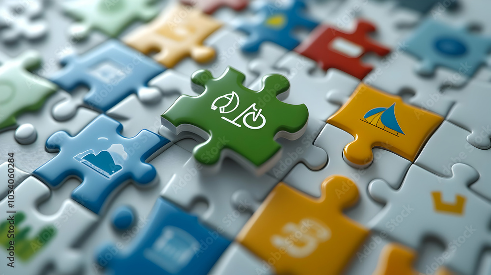 Poster 3d close up of environmental icons on interlocking puzzle pieces - macro shot of collaboration in es