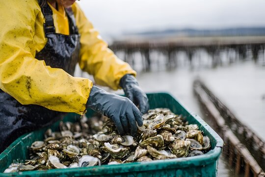 Oyster Farmer Sorting Freshly Harvested Oysters