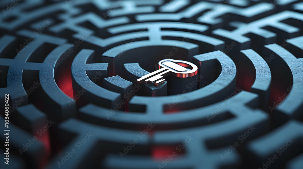 Poster 3d integrity lock and key maze concept: minimalist design of security elements representing election