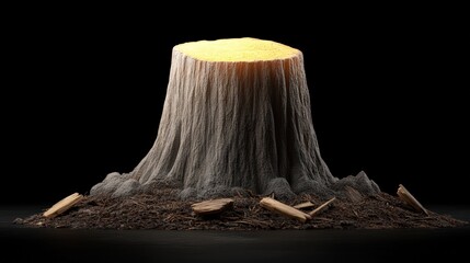 Tree stump with soft fibers, dark soil, isolated on a black backdrop.