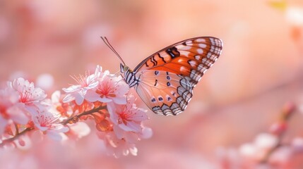 Obraz premium A delicate butterfly with orange and black wings rests on a pink blossom, with a soft, dreamy background.