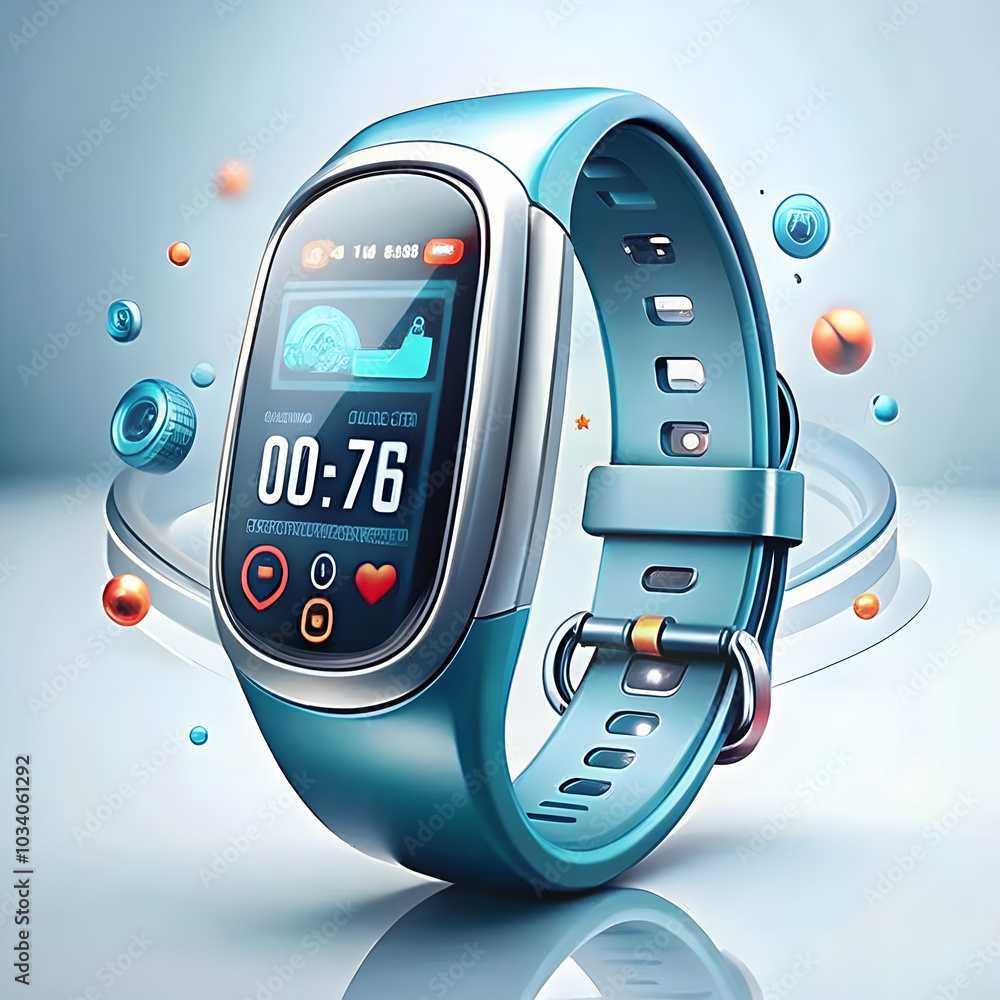 Poster close up of futuristic smart fitness tracker displaying advanced health metrics and monitoring techn