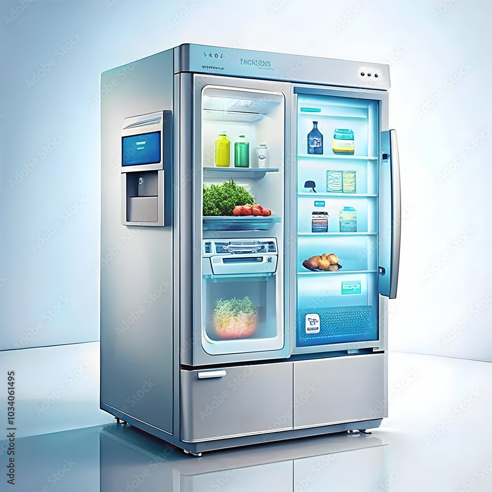 Poster close up of futuristic smart refrigerator with touchscreen interface and copy space for kitchen tech