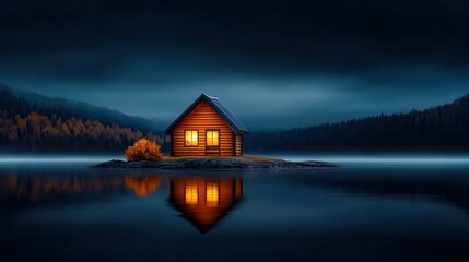 Fototapeta premium Cozy cabin illuminated at night by the lake surrounded by tranquil trees.