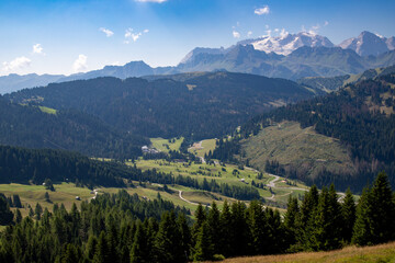 Fototapeta premium Panoramic view of Marmolada Mountain and Glacier, from Col Alt over Corvara, Alta Badia, Dolomites , Trentino, Alto Adige, Sudtirol, South Tyrol, Italy