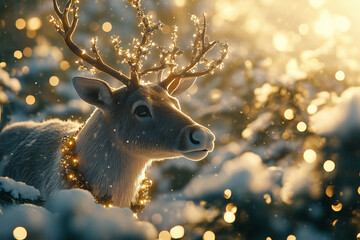 A deer is wearing a Christmas tree ornament around its neck