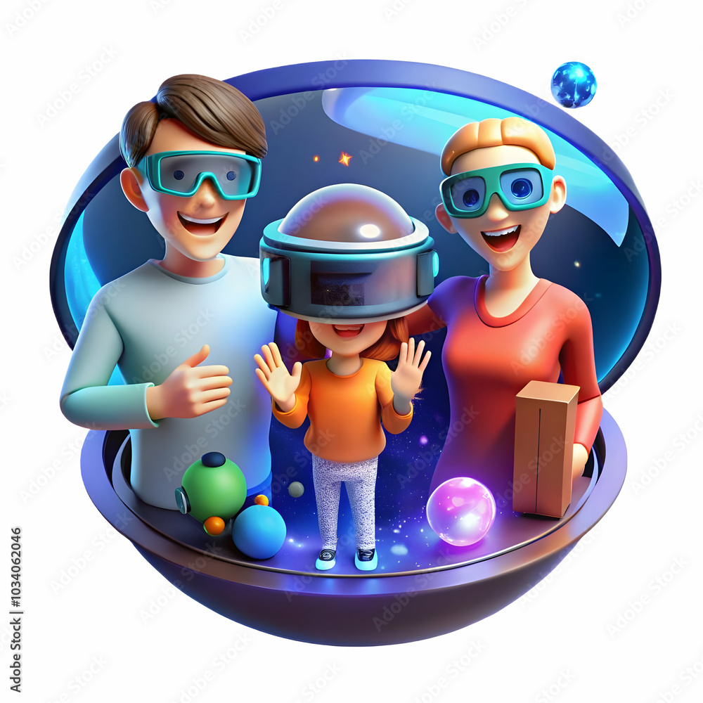 Poster close up of family enjoying virtual reality game: futuristic glow highlights tech-driven bond, perfe