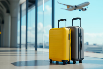 Two suitcases stand in an airport terminal, with a plane taking off in the background against a bright blue sky