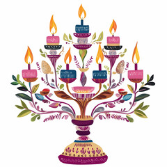 Fototapeta premium A colorful menorah with candles and floral designs, symbolizing celebration and light.