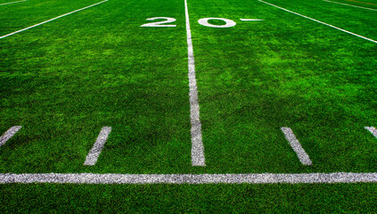 Football Field Green Yard Markers to Goal Line Touchdown Endzone Game Competition 20 Yaard Line