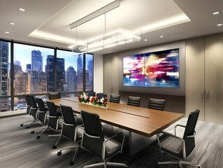 Modern conference room with a large table and city view, designed for meetings.