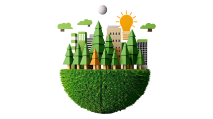 3D rendering of a green city featuring buildings and trees, with a light bulb symbolizing sustainable energy on a grassy globe. Sustainability concept