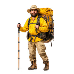 Naklejka premium Hiker in yellow jacket with backpack, standing confidently outdoors.