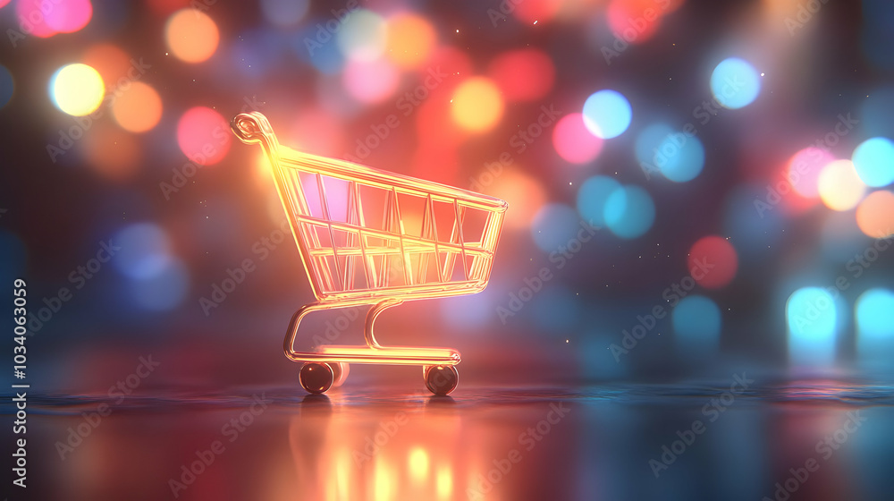 Poster glowing 3d soft abstract shopping cart icon with colorful bokeh lights on white background - digital