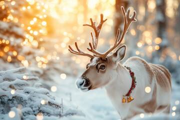 A reindeer with a bell around its neck stands in the snow