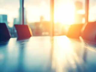 A sunlit conference room with a blurred table, suggesting a business meeting atmosphere.