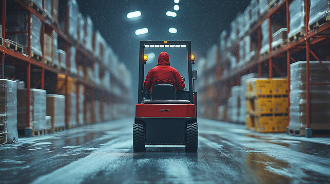 Night Shift Warehouse Worker: A lone figure in a red hooded jacket operates a forklift in a dimly lit warehouse, navigating through rows of stacked pallets under the glow of fluorescent lights.