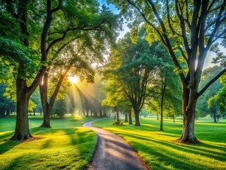 Early Morning Sunlight Filtering Through Trees in a Park with Walking Paths and Green Grass