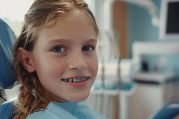 Girl with braces at orthodontist, receiving dental checkup, showing concept of dental care