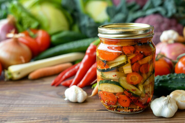 Jar with assorted pickled vegetables on kitchen counter with different veggies on background
