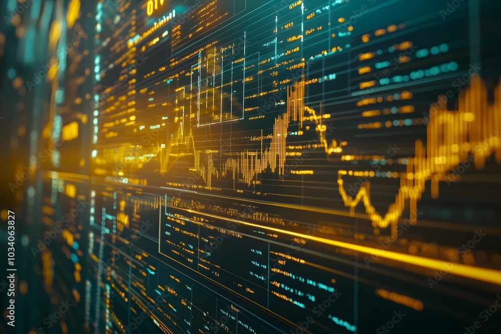 Poster abstract digital display with yellow and blue data visualizations