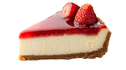 A slice of creamy New York cheesecake with a strawberry garnish isolated on a transparent background, PNG 
