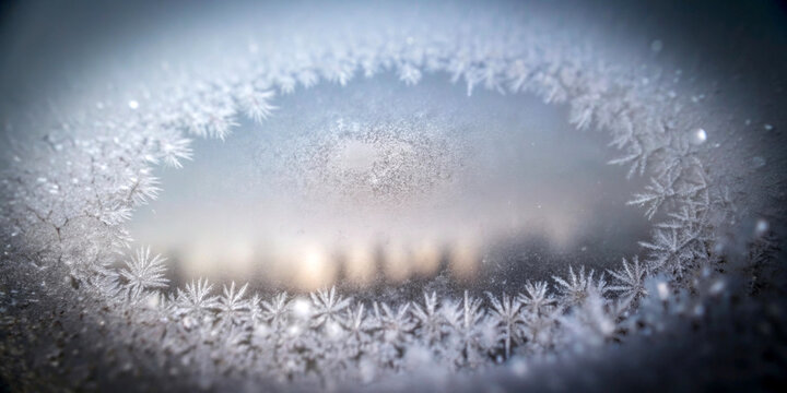 Delicate frost patterns frame a blurred winter landscape, creating a natural window effect. The scene captures the ethereal beauty of ice crystals against a soft, diffused background.AI generated.
