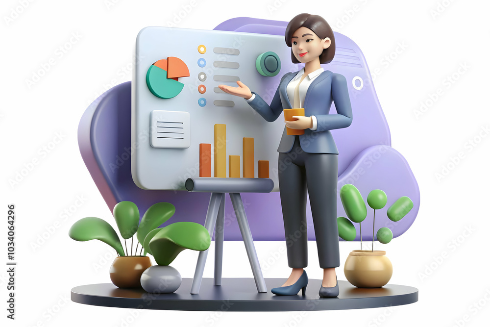 Poster professional businesswoman presenting ideas in soft abstract patterns background - ample copy space 