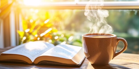 Ceramic Mug with Coffee and Open Book on Wooden Table in Morning Light