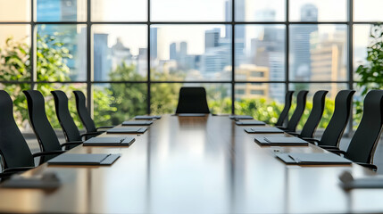 Modern conference room with a long table and city skyline view.