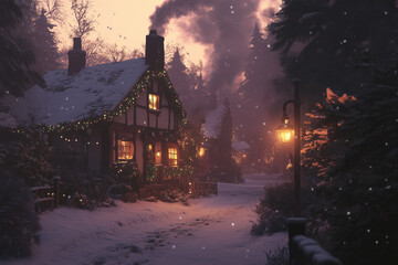 A cozy cabin in the woods with a fireplace and a Christmas tree