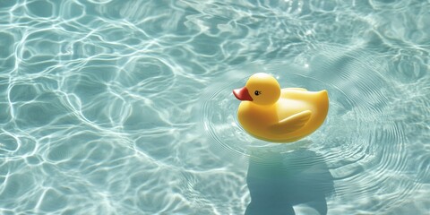 Bright Yellow Rubber Duck Floating in Clear Pool with Gentle Ripples