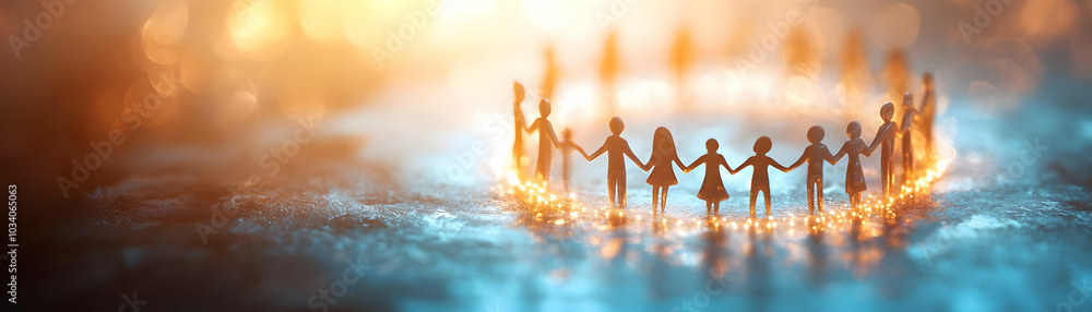 Aufkleber bokeh community figures holding hands in circle - soft abstract unity and growth through compromise 