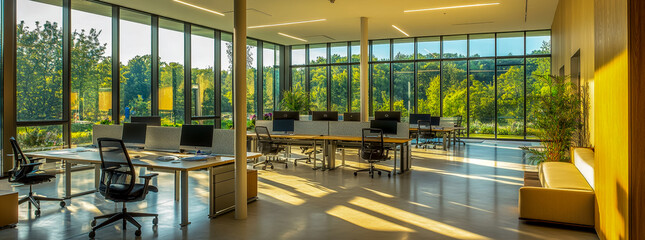 A modern office with glass walls, interior design photography, a large open space.